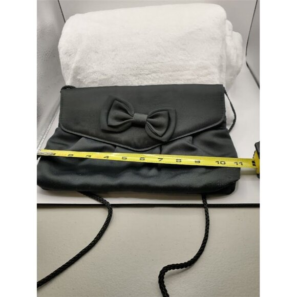 Vintage Black Rayon Satin Clutch Crossbody Purse with Bow & Snap Closure - Picture 10 of 11